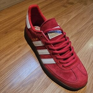 Adidas Red and White Suede Sneakers with Signature Stripes